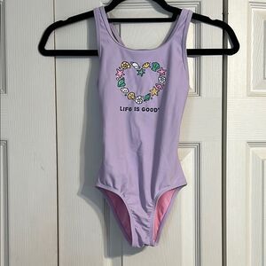 LIFE IS GOOD Girl's Size 7 Purple Swimsuit Heart Seashells Beach Pool Swim